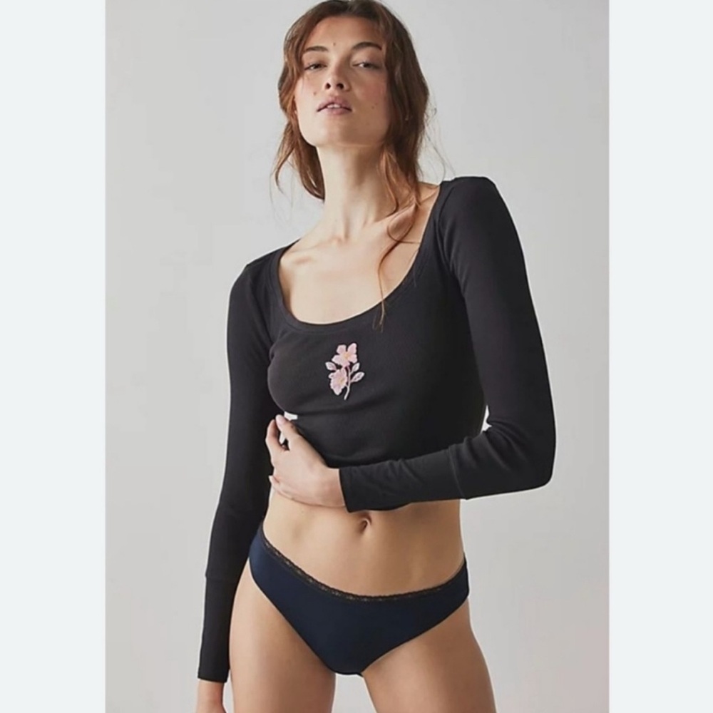 Intimately Free People Black Long Sleeve Top with Pink Floral Design M